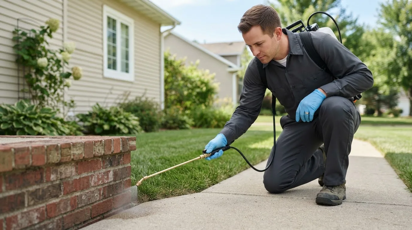 Pest control technician treating a home near Appleton City, MO